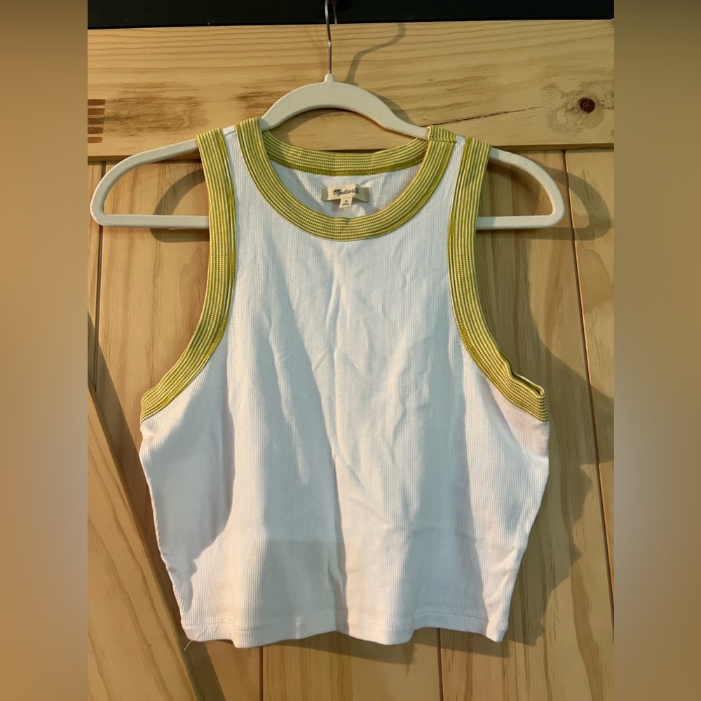 Madewell ribbed crop tank with accent - White with green/yellow stripe - M